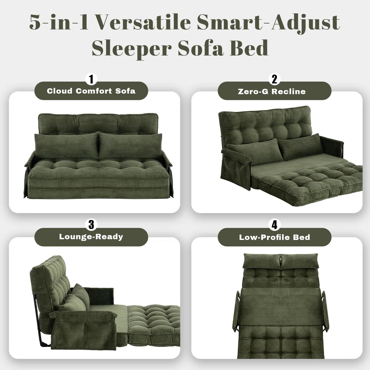Adjustable Convertible Foldable Corduroy Sleeper Sofa Floor Bed With 2 Pillows