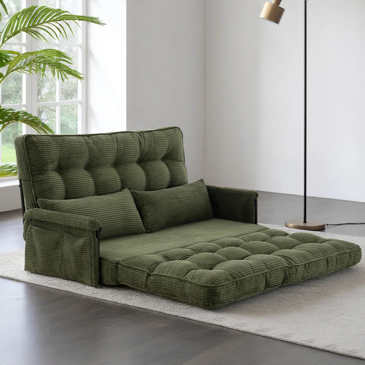 Adjustable Convertible Foldable Corduroy Sleeper Sofa Floor Bed With 2 Pillows