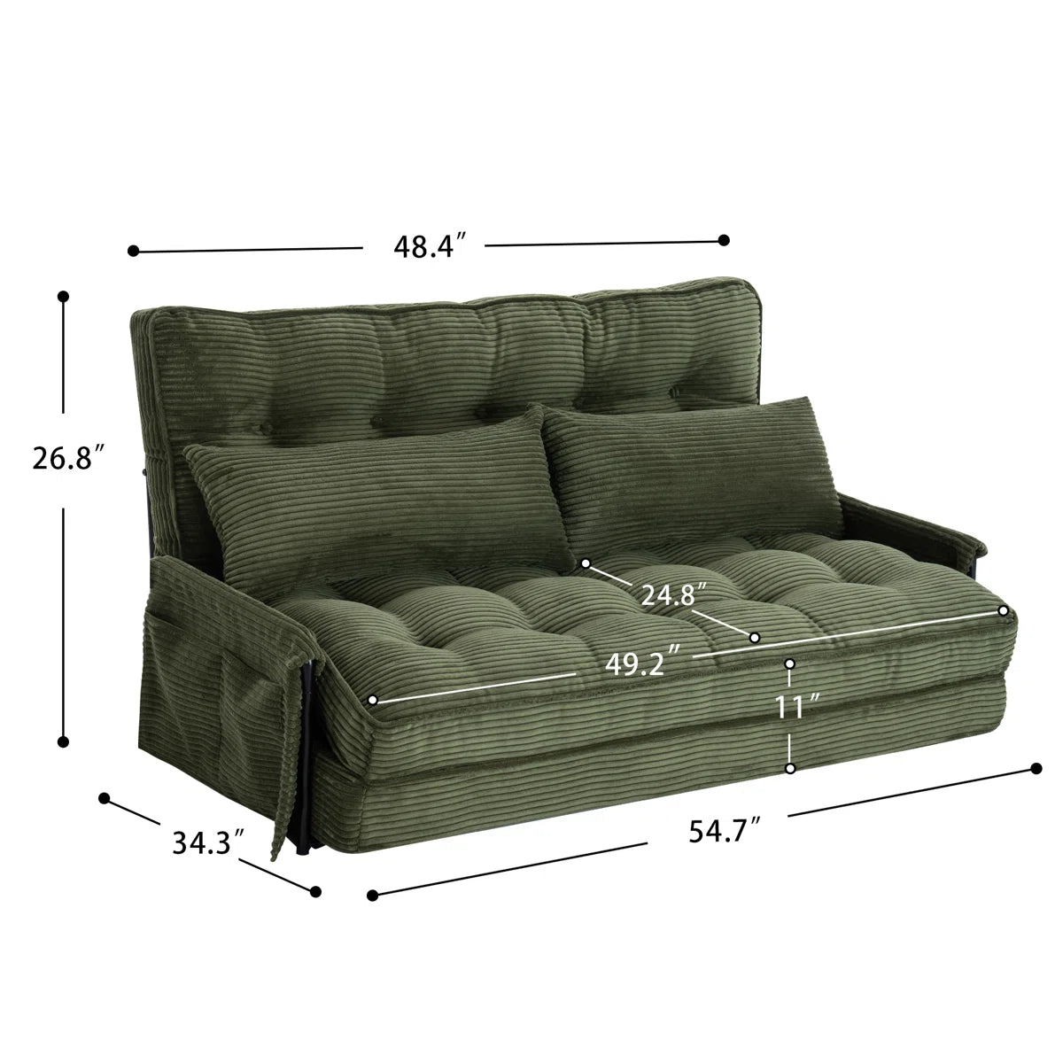 Adjustable Convertible Foldable Corduroy Sleeper Sofa Floor Bed With 2 Pillows