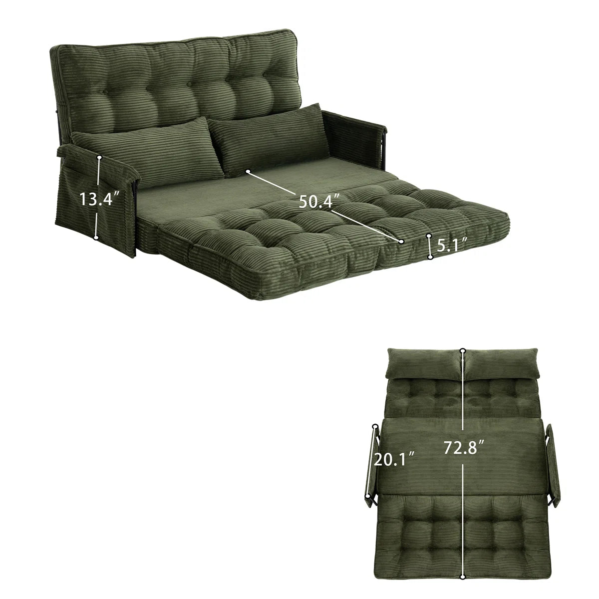 Adjustable Convertible Foldable Corduroy Sleeper Sofa Floor Bed With 2 Pillows