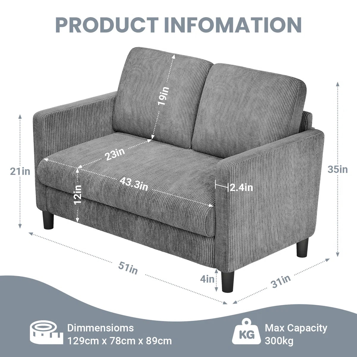 Small 2 seat 48" corduroy sofa, Comfy Sofa Couch with Spring Cushion
